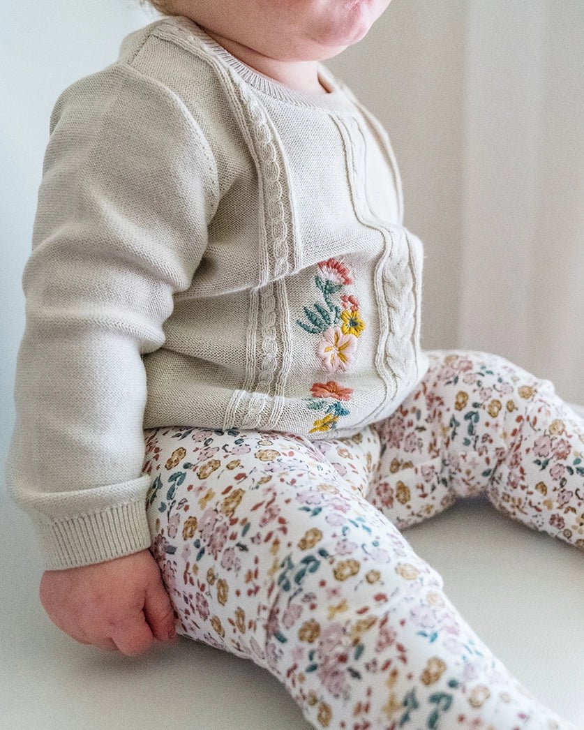 Organic Cotton Floral Cable Knit Sweater - Stone | Blankee Baby