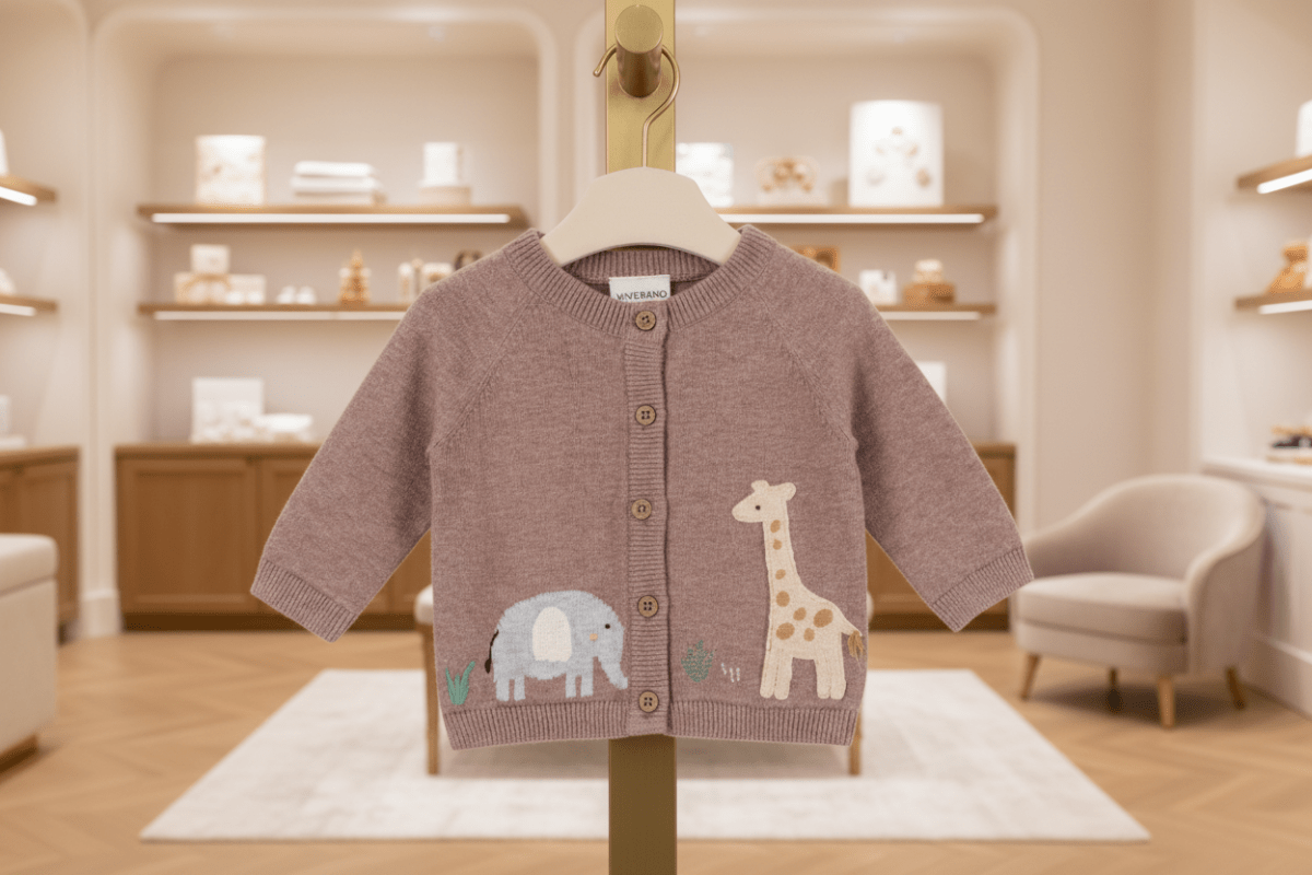 Organic Cotton Elephant & Giraffe Cardigan - Cafe Latte - Blankee Baby