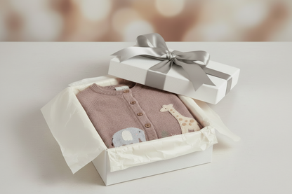 Organic Cotton Elephant & Giraffe Cardigan - Cafe Latte - Blankee Baby