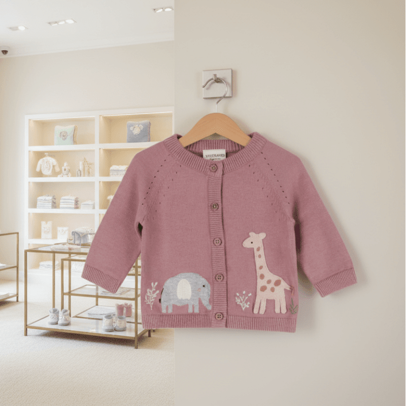 Organic Cotton Elephant & Giraffe Cardigan - Vintage Rose Pink - Blankee Baby