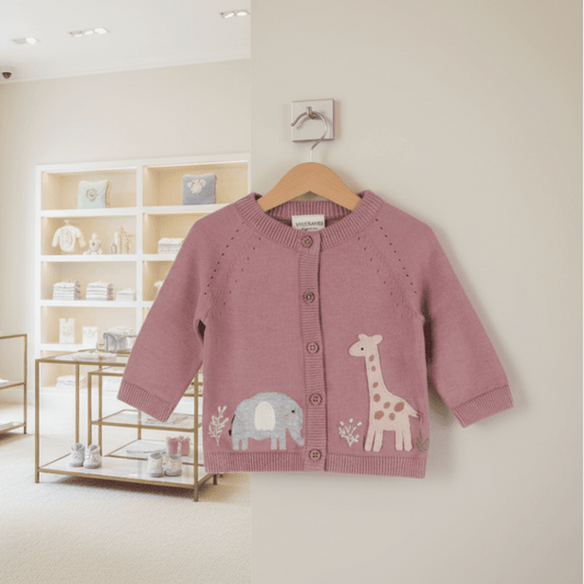 Organic Cotton Elephant & Giraffe Cardigan - Vintage Rose Pink - Blankee Baby