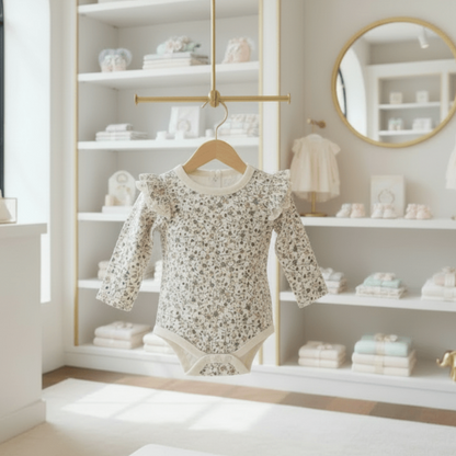 Organic Cotton Floral Ruffle Bodysuit - Natural White | Aster & Oak | Tops