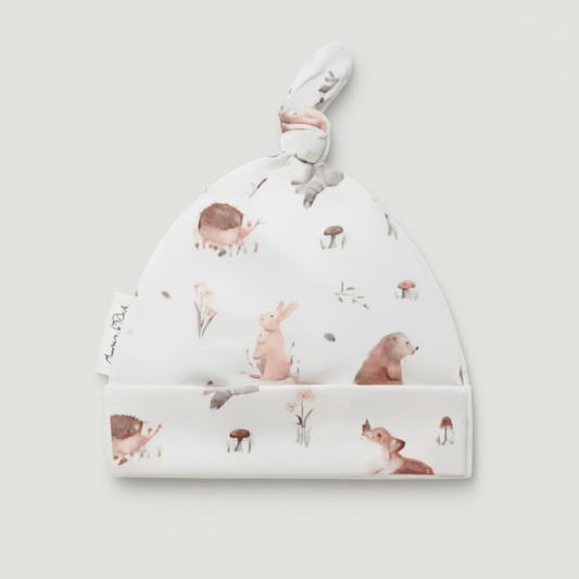 Organic Cotton Forest Friends Top Knot Beanie - White - Blankee Baby