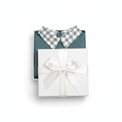 Organic Cotton Gingham Collar Teddy Bear Sweater - Teal Blue - Blankee Baby