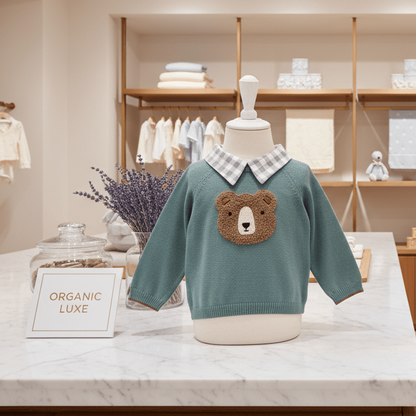 Organic Cotton Gingham Collar Teddy Bear Sweater - Teal Blue - Blankee Baby