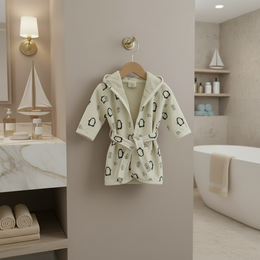 Organic Cotton Penguin Bath Robe - Natural White - Blankee Baby
