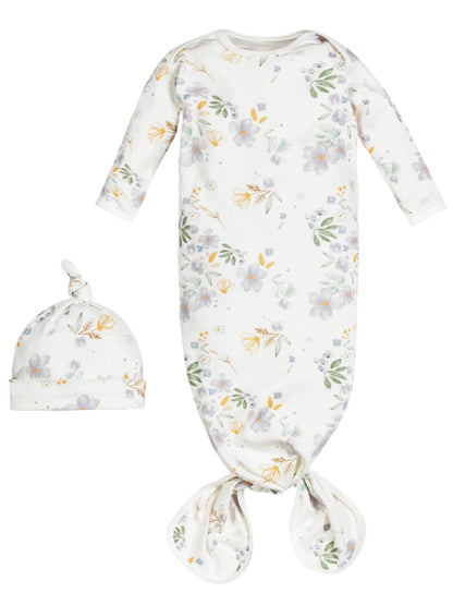 Organic Cotton Newborn Gown & Beanie Set - Yellow Daisy | Under The Nile | Sleepwear