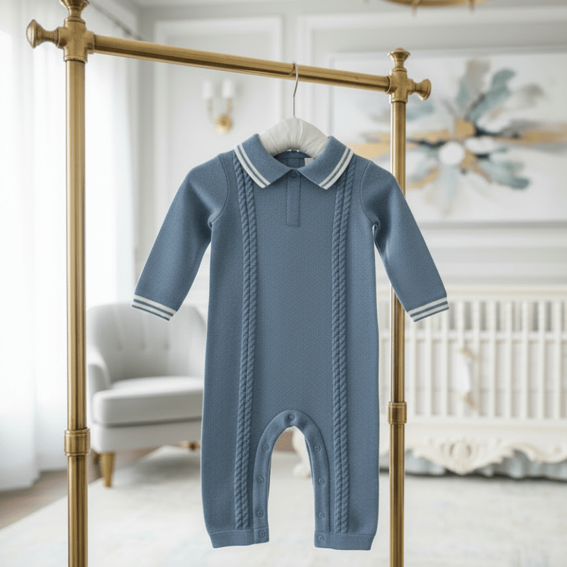 Organic Cotton One - Piece Cable Knit Romper - Teal Blue - Blankee Baby