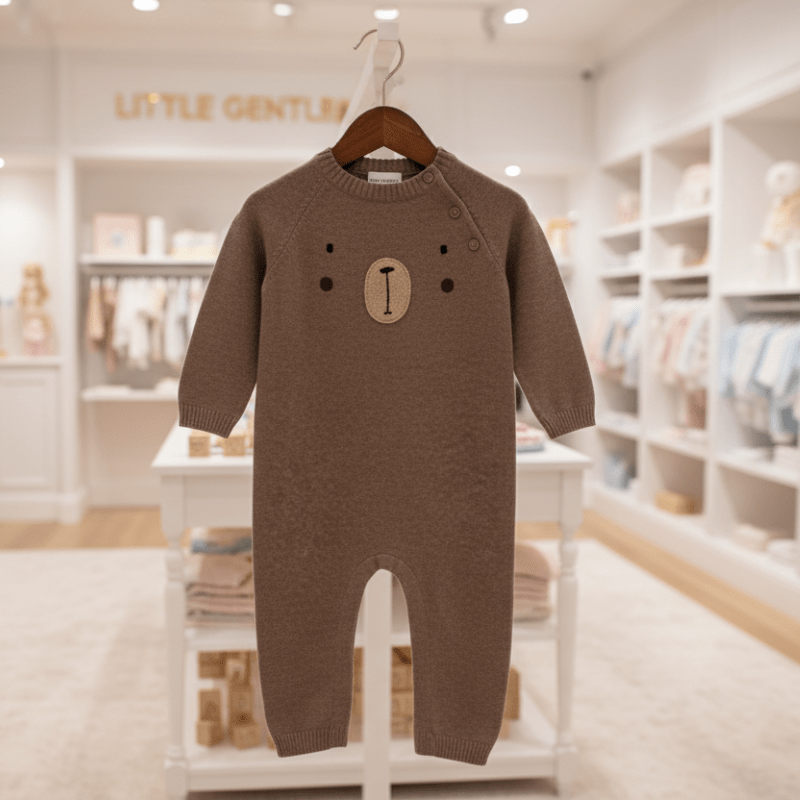 Organic Cotton One - Piece Teddy Bear Romper - Cafe Latte - Blankee Baby