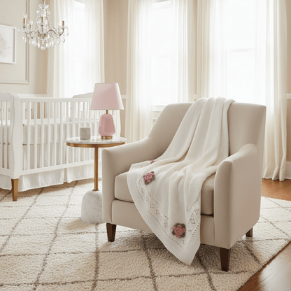 Organic Cotton Receiving Blanket Set - Pointelle | White/Pink Roses | Viverano Organics | Blankets