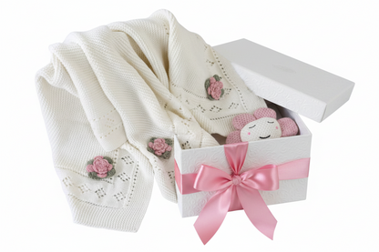 Organic Cotton Receiving Blanket Set - Pointelle | White/Pink Roses